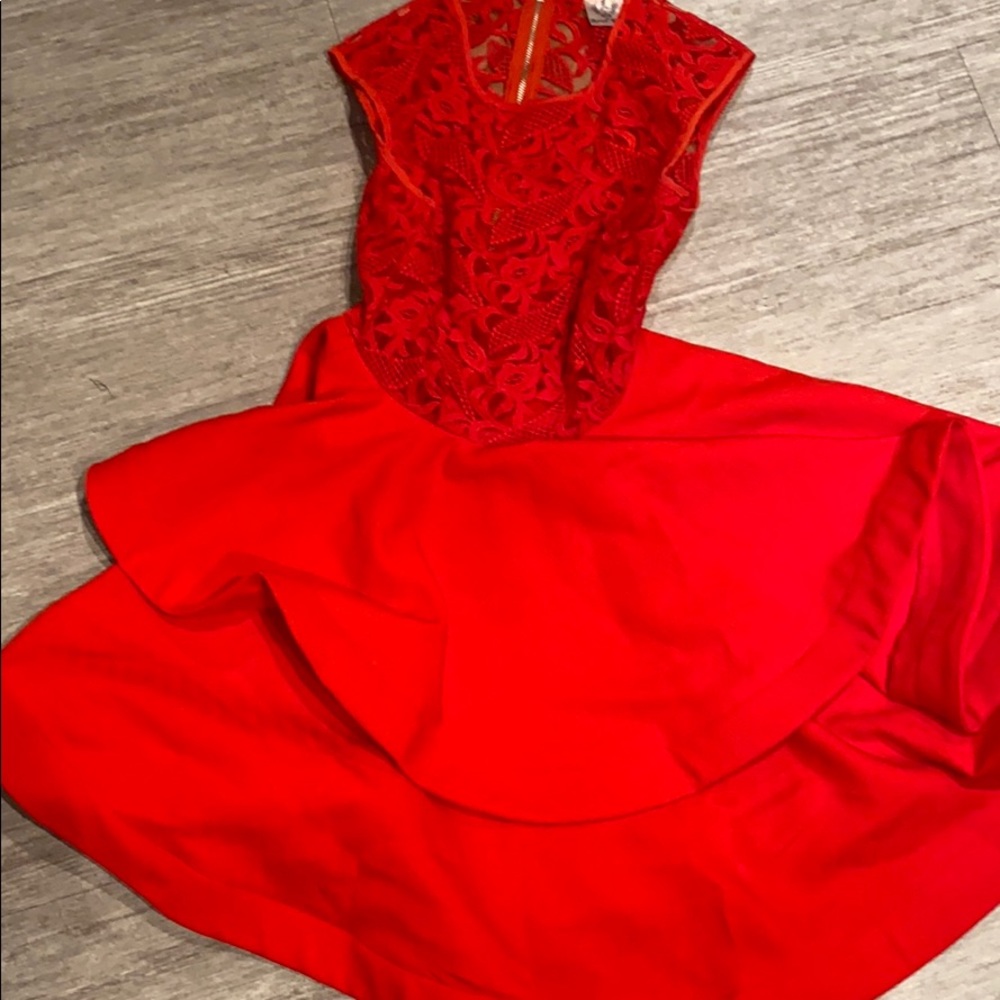 Red lace big ruffled dress